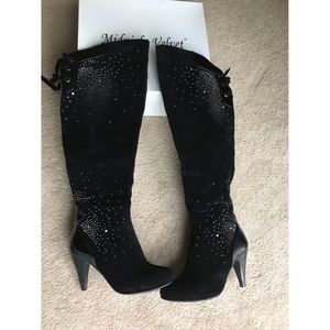 Bling black velvet knee high boots